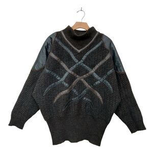 Vintage Torras Leather Knit Sweater Womens M/L Brown Spain Mohair Wool Mock Neck